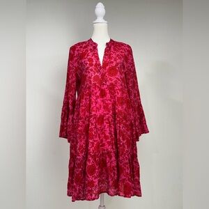 CHOKLATE PARIS Saint Tropez Floral Tiered Mini Dress Viscose Silk Pink Red Sz S